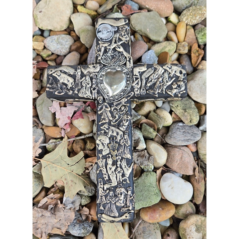 Galeria on the Plaza Folk Art Cross, Metal Accents, Religious Wall Decor, Wood